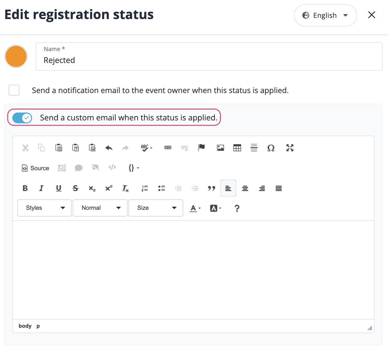 In the profile, activate the custom email toggle for the rejected status