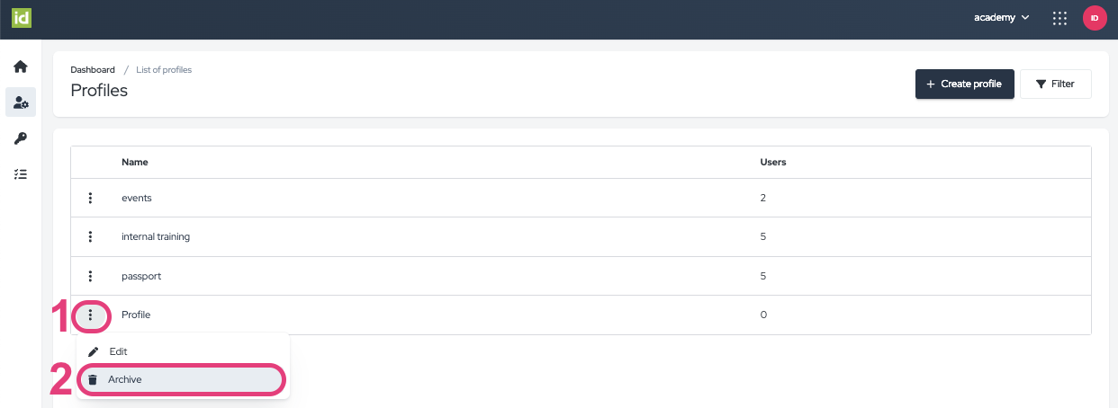 Click on the three dots button to archive a profile.