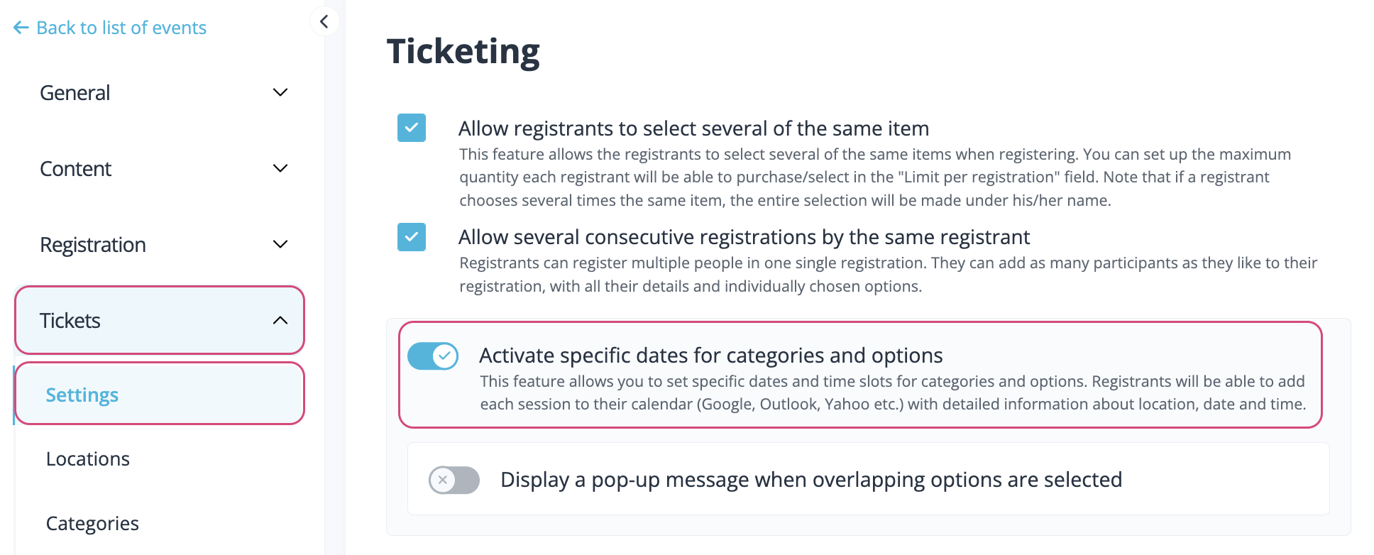  Activa el interruptor para indicar las fechas de las opciones.