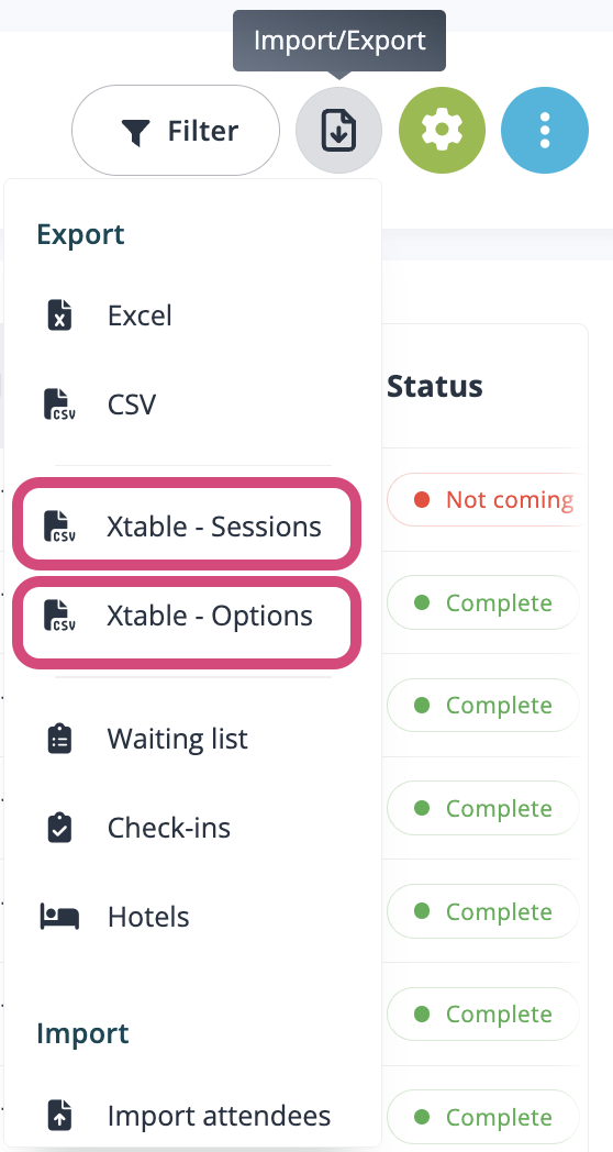 Selecciona las exportaciones de Xtable para opciones o sesiones.