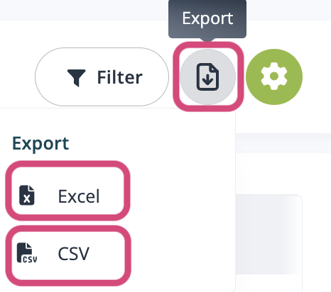  Haz clic en el botón de exportación y selecciona Excel o CSV como tipo de archivo.