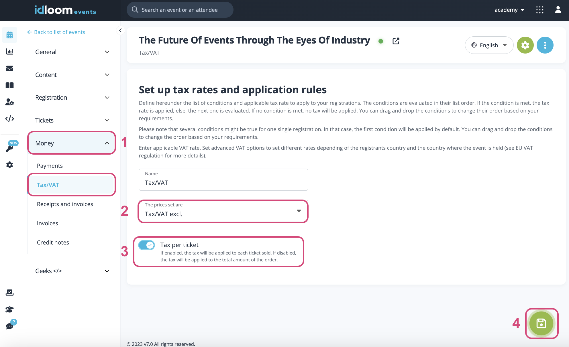 Configurez une taxe par billet dans votre événement.