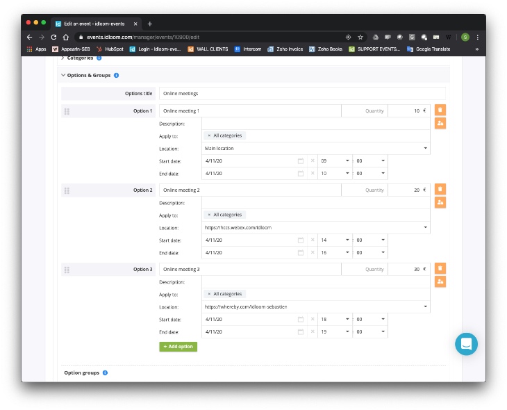 Link your online meeting room to categories and options