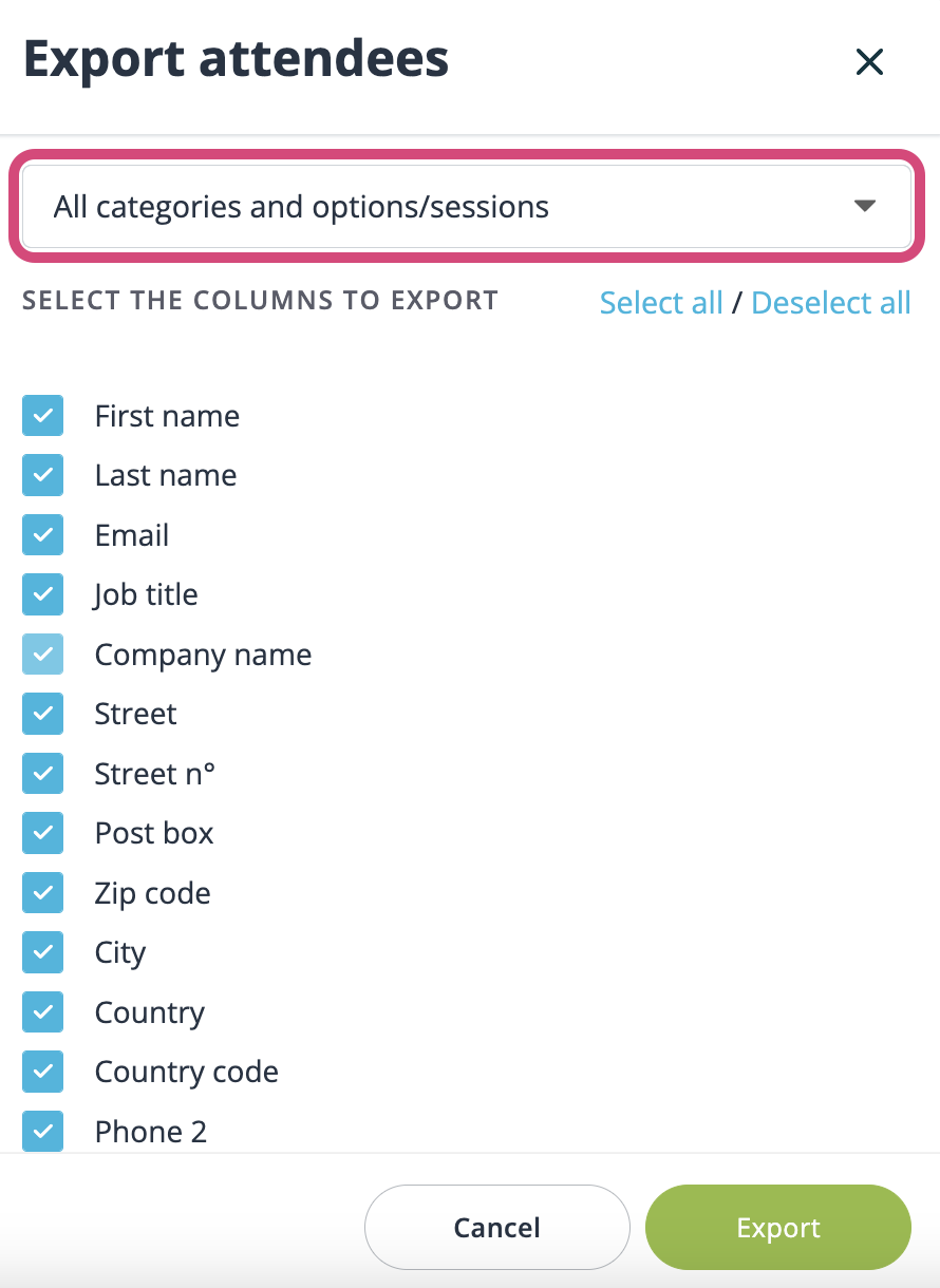  Selecciona las categorías y opciones que desees exportar.